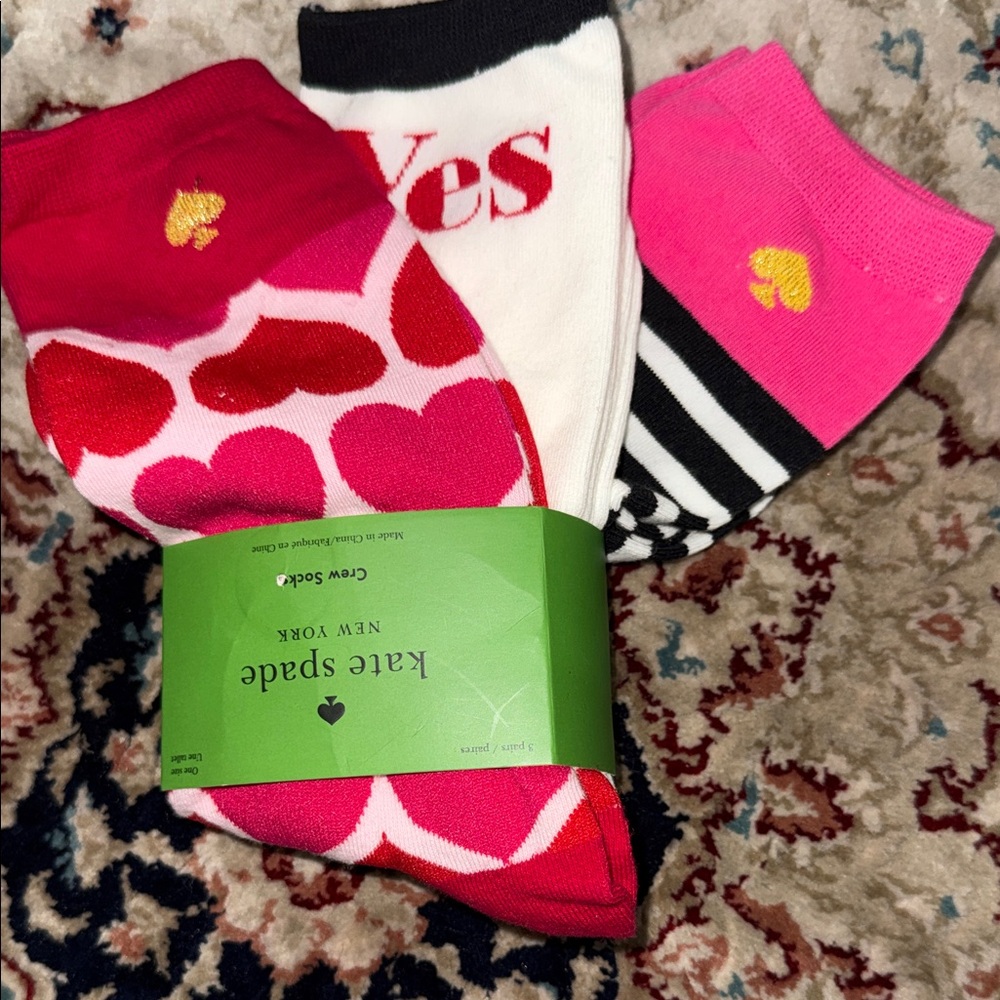 Kate Spade  3 Heart and Stripe Socks - Pink, Red, Black, White